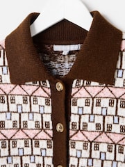 Oliver Bonas Brown Chocolate House Print Collared Knitted Cardigan - Image 5 of 8
