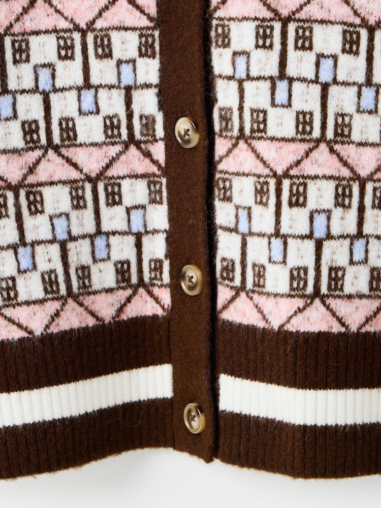 Oliver Bonas Brown Chocolate House Print Collared Knitted Cardigan - Image 8 of 8
