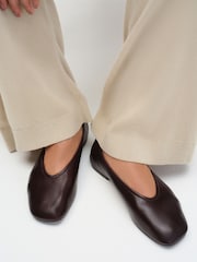 Brązowy - The Set Premium Leather Square Toe Ballet Shoes - Obraz 1 z 6
