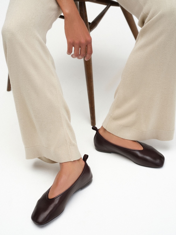 Brązowy - The Set Premium Leather Square Toe Ballet Shoes - Obraz 2 z 6
