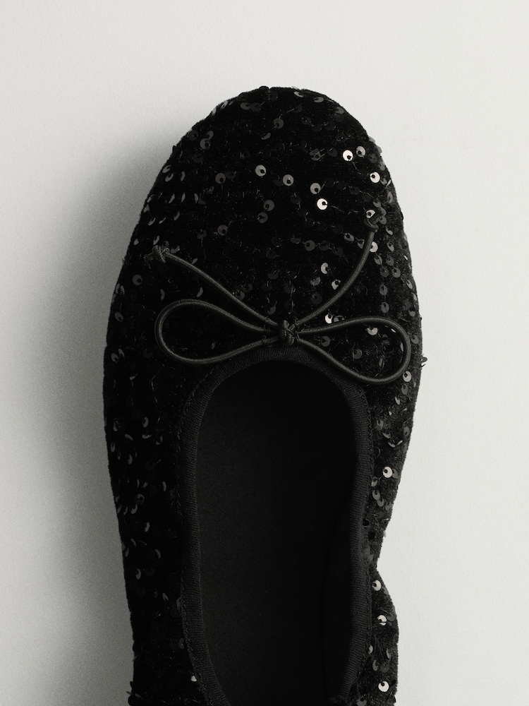 The Set Satin Round Toe Bow Ballet Flats Black Sequin - Image 7 of 7