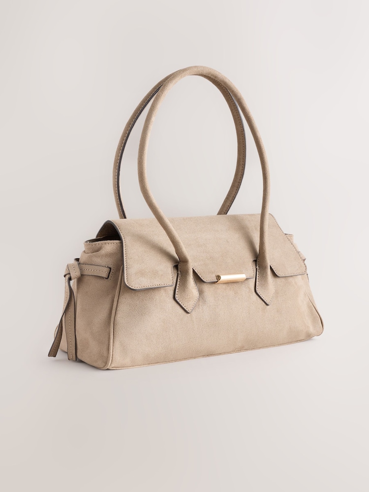 Camel Suedette Elongated Shoulder Bag - Image 1 of 5 Camel Suedette Elongated Shoulder Bag - Image 1 of 5