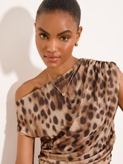 Brown Leopard Print Slinky Draped Off the Shoulder Top - Image 3 of 5