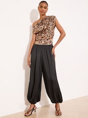 Brown Leopard Print Slinky Draped Off the Shoulder Top - Image 4 of 5