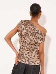 Brown Leopard Print Slinky Draped Off the Shoulder Top - Image 5 of 5