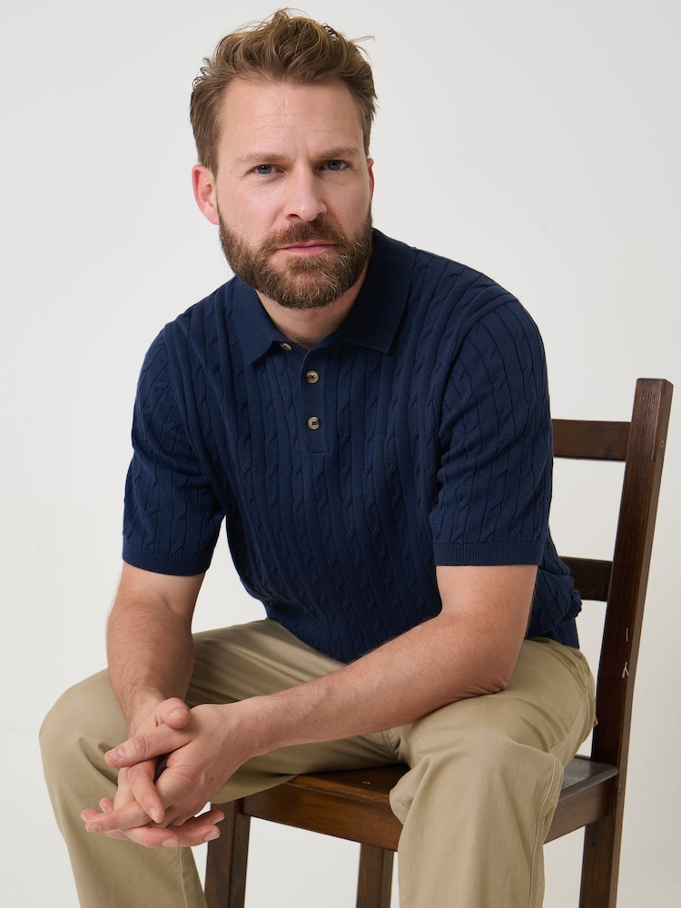 Saltwell Blue Cable Knit Short Sleeve Polo Shirt - Image 1 of 8