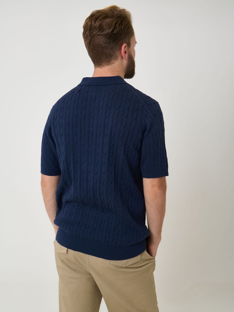 Saltwell Blue Cable Knit Short Sleeve Polo Shirt - Image 2 of 8