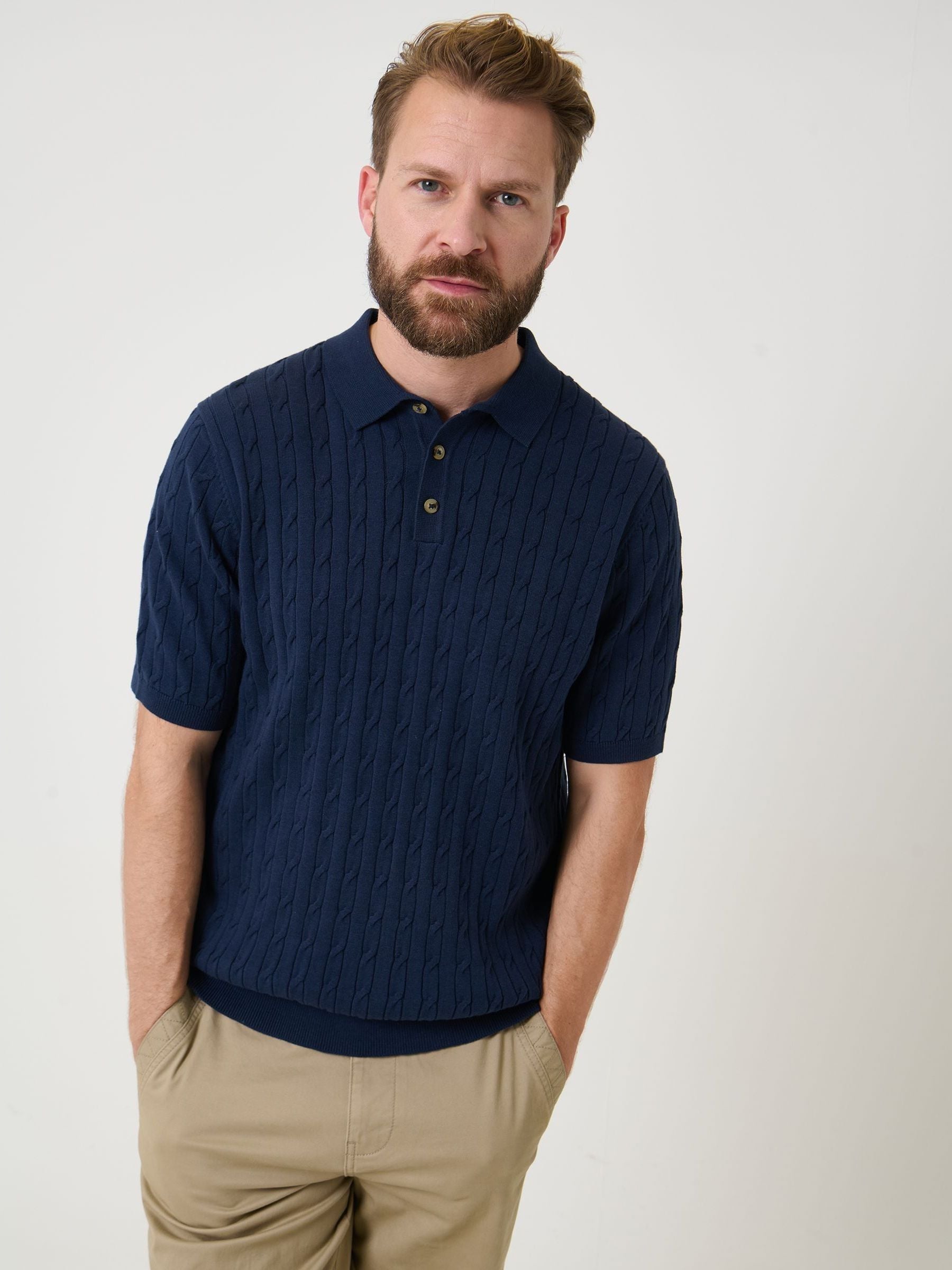 Buy Saltwell Blue Cable Knit Short Sleeve Polo Shirt from Next USA