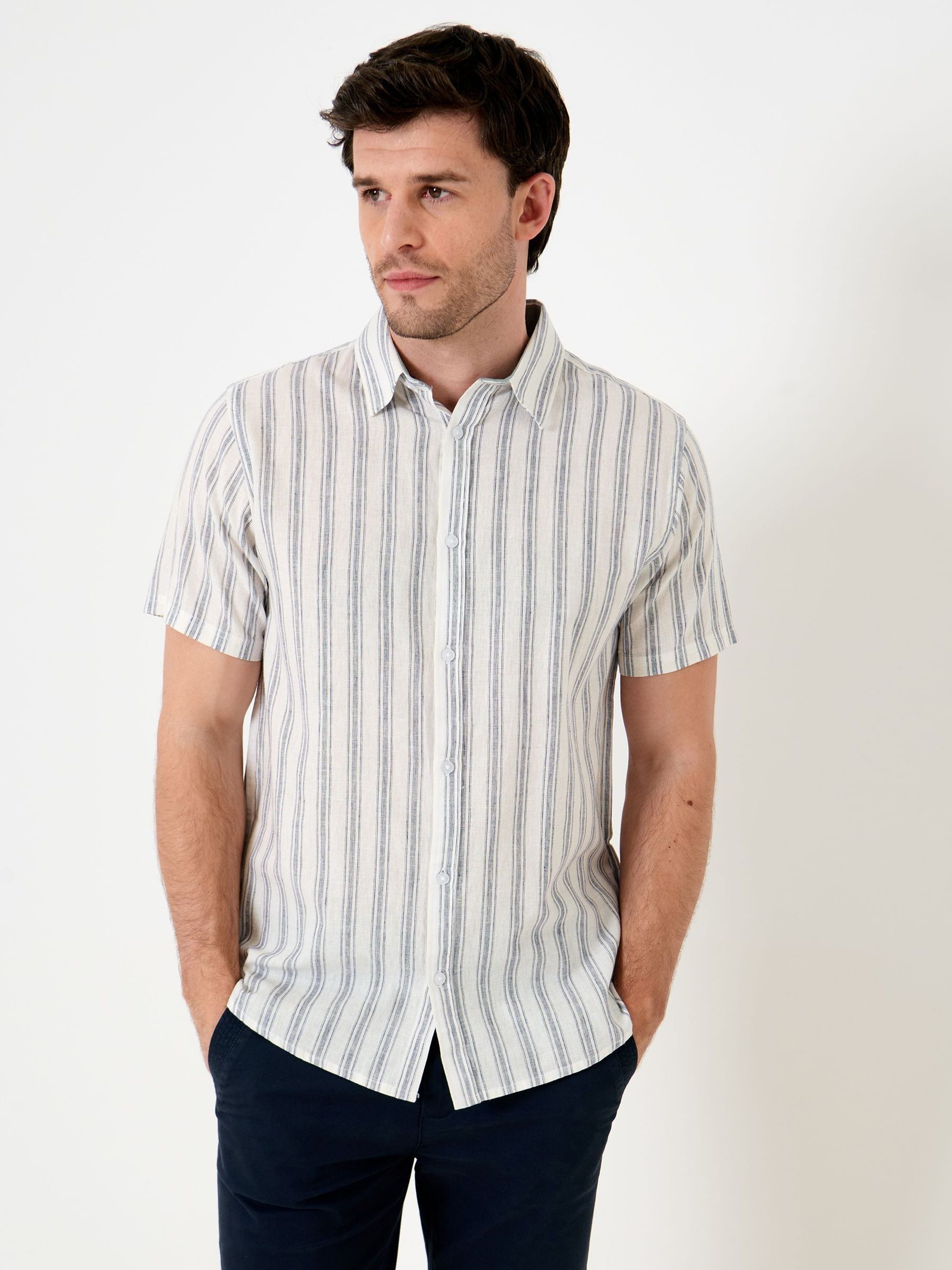 Buy Saltwell Blue Stripe Linen Rich Short Sleeve Shirt from Next USA