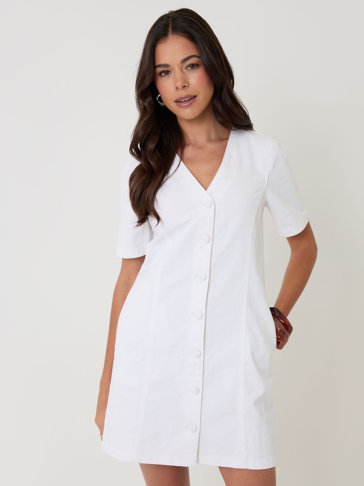 Threadbare White Denim Button Up Mini Dress - Image 2 of 5