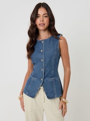 Threadbare Mid Wash Denim Longline Waistcoat - Image 1 of 4