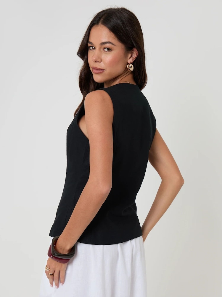 Threadbare Black Linen Blend V-Neck Waistcoat - Image 2 of 4