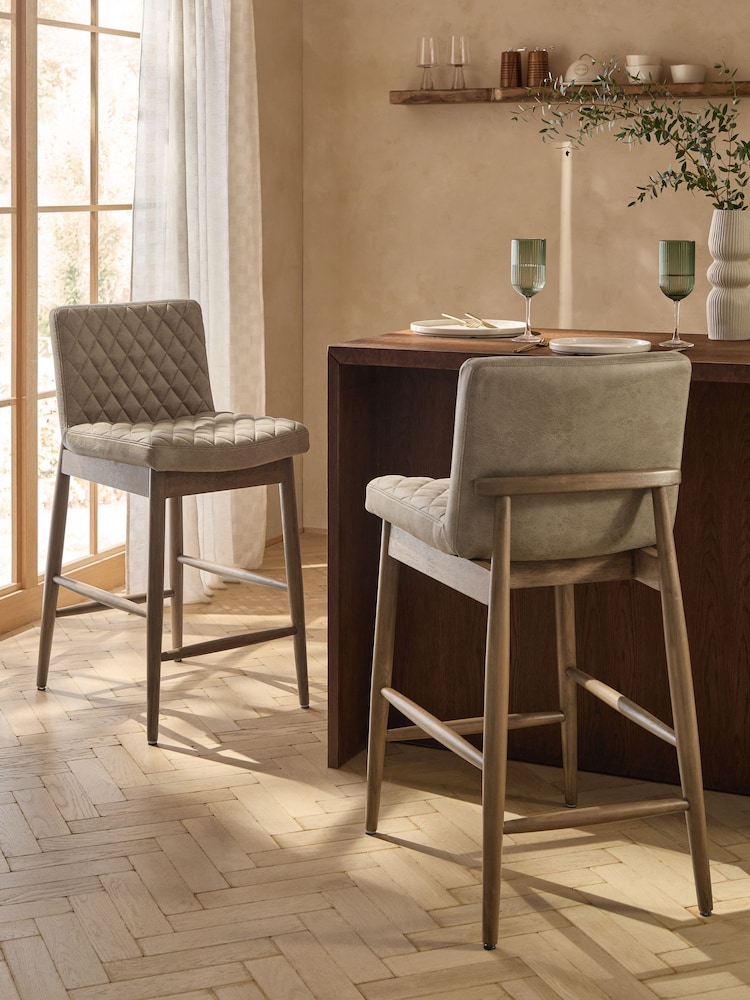 Monza Faux Leather Mink Brown Mid Wood Leg Atlas Effect Fixed Height Bar Stool - Image 1 of 10 Monza Faux Leather Mink Brown Mid Wood Leg Atlas Effect Fixed Height Bar Stool - Image 1 of 10