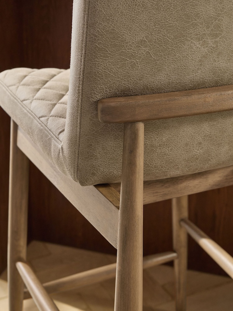 Monza Faux Leather Mink Brown Mid Wood Leg Atlas Effect Fixed Height Bar Stool - Image 2 of 10 Monza Faux Leather Mink Brown Mid Wood Leg Atlas Effect Fixed Height Bar Stool - Image 2 of 10