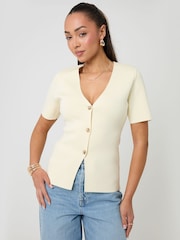 Threadbare Yellow V-Neck Compact Knitted Top - Image 1 of 5