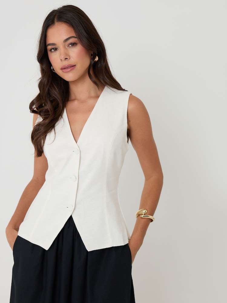 Threadbare White Linen Blend V-Neck Waistcoat - Image 1 of 4