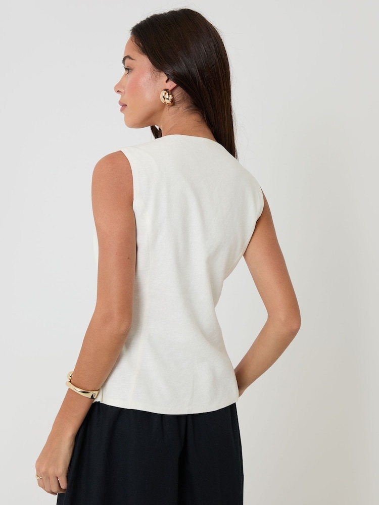 Threadbare White Linen Blend V-Neck Waistcoat - Image 2 of 4