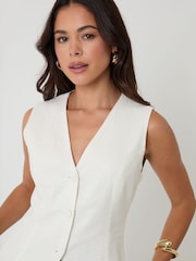 Threadbare White Linen Blend V-Neck Waistcoat - Image 4 of 4