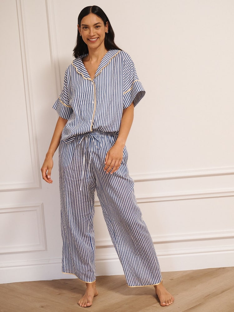 Their Nibs Blue Gauze Oversize Ticking Stripe Pyjamas - Image 1 of 4 Their Nibs Blue Gauze Oversize Ticking Stripe Pyjamas - Image 1 of 4