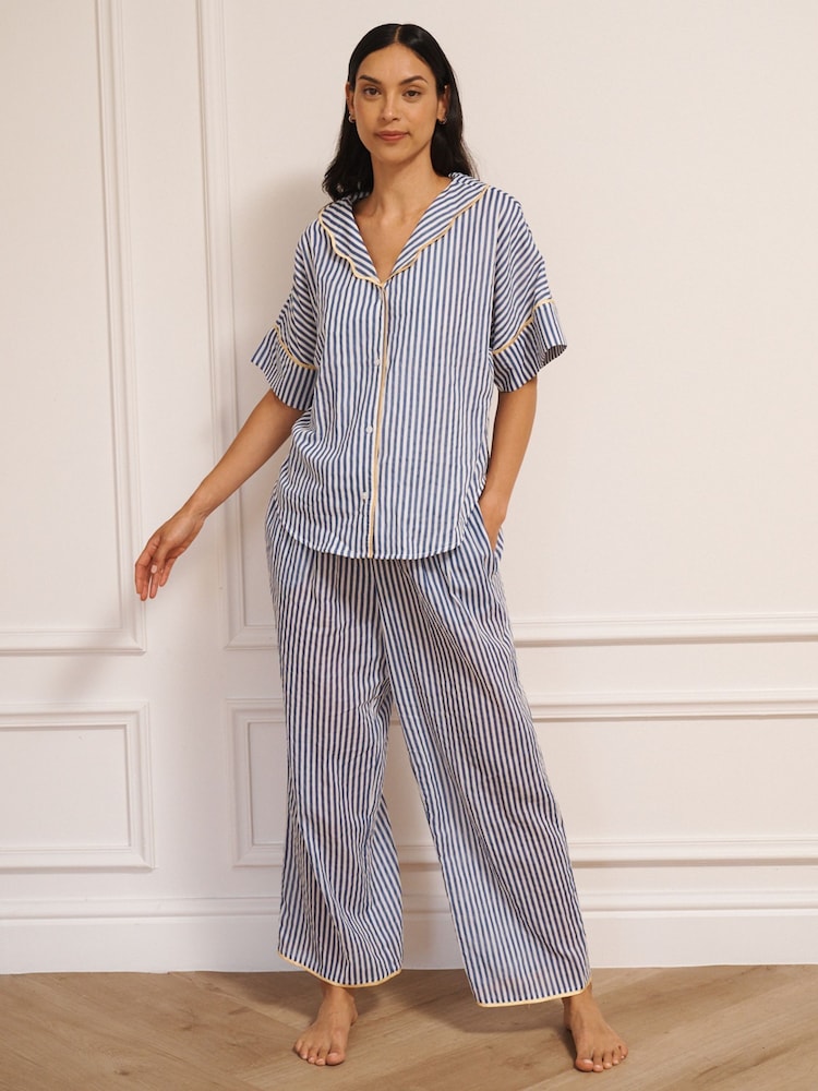 Their Nibs Blue Gauze Oversize Ticking Stripe Pyjamas - Image 2 of 4 Their Nibs Blue Gauze Oversize Ticking Stripe Pyjamas - Image 2 of 4