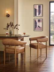 Set of 2 Easton Faux Leather Tan Brown Mid Wood Leg Arm Aire Dining Chairs - Image 1 of 9