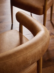Set of 2 Easton Faux Leather Tan Brown Mid Wood Leg Arm Aire Dining Chairs - Image 2 of 9