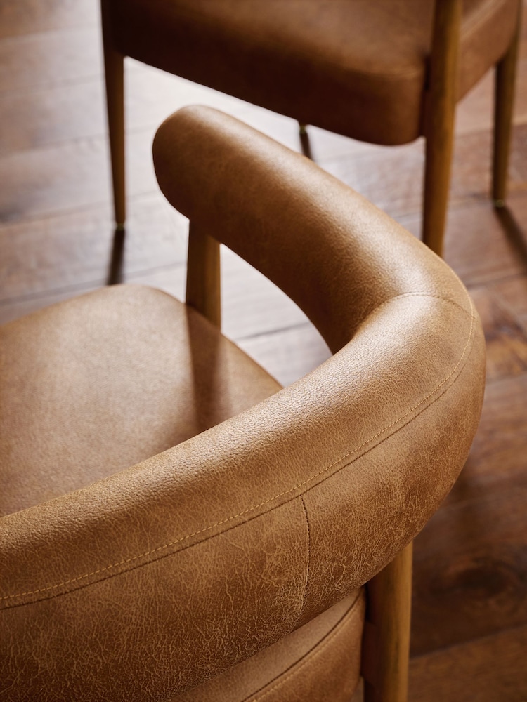 Set of 2 Easton Faux Leather Tan Brown Mid Wood Leg Arm Aire Dining Chairs - Image 2 of 9 Set of 2 Easton Faux Leather Tan Brown Mid Wood Leg Arm Aire Dining Chairs - Image 2 of 9