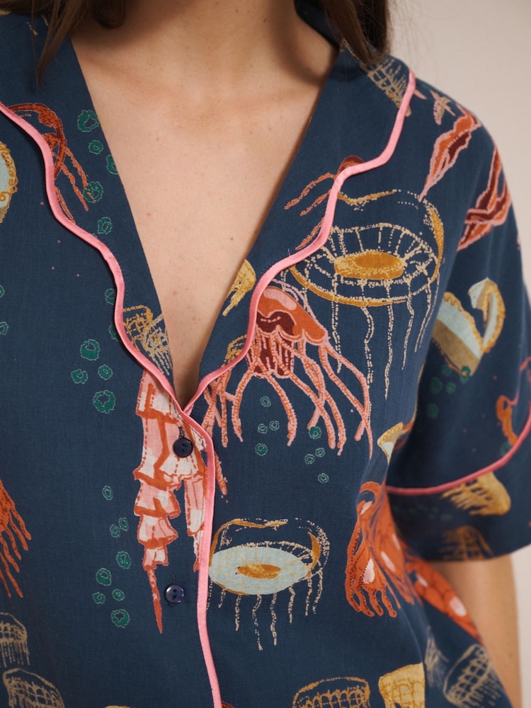 Their Nibs Blue Cotton Gauze Oversize Shortie Ocean Dreaming Pyjamas - Image 4 of 4