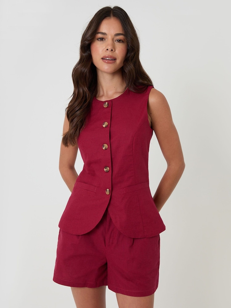 Threadbare Red Linen Blend Longline Waistcoat - Image 2 of 5