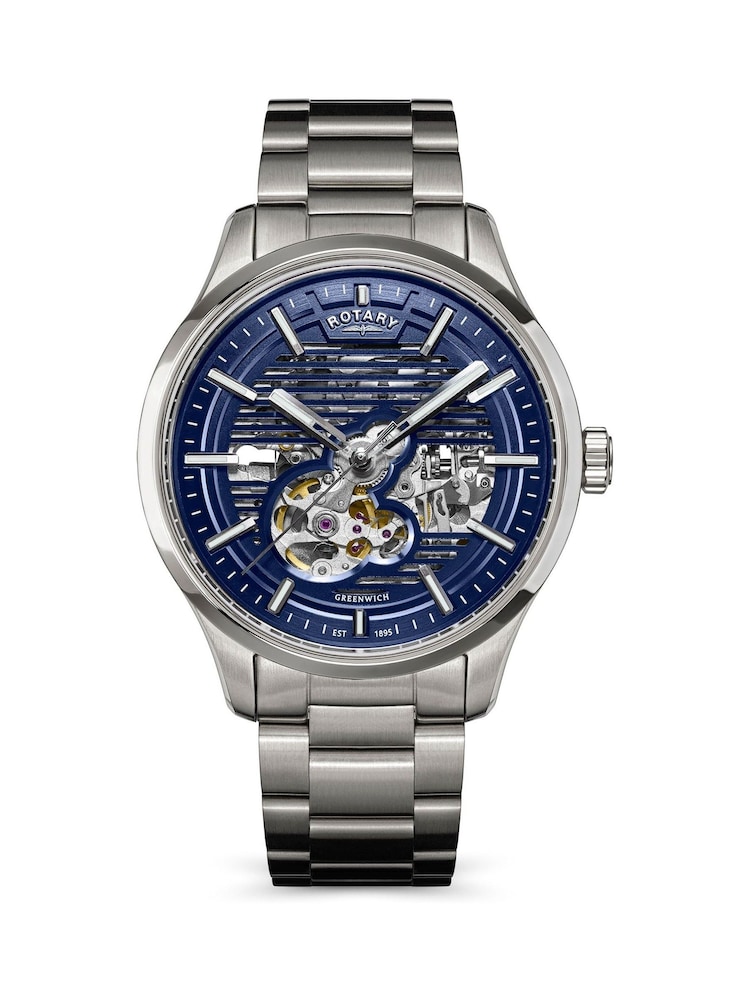 Rotary Silver Tone Greenwich Skeleton Automatic Water Resistance Blue Dial Stainless Steel Tone Bracelet Watch - Image 1 of 5