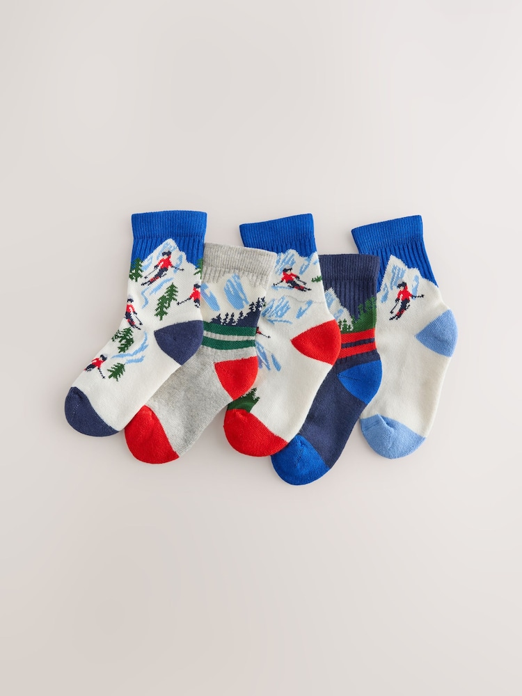 Multi Ski Scene Cushioned Footbed Cotton Rich Ribbed Tipped Socks 5 Pack - Image 1 of 3