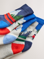 Multi Ski Scene Cushioned Footbed Cotton Rich Ribbed Tipped Socks 5 Pack - Image 2 of 3