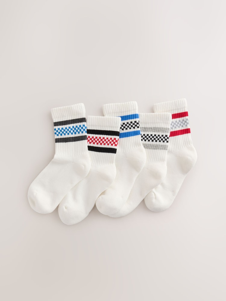 Multi/White Checkerboard Cushioned Footbed Cotton Rich Ribbed Tipped Socks 5 Pack - Image 1 of 3