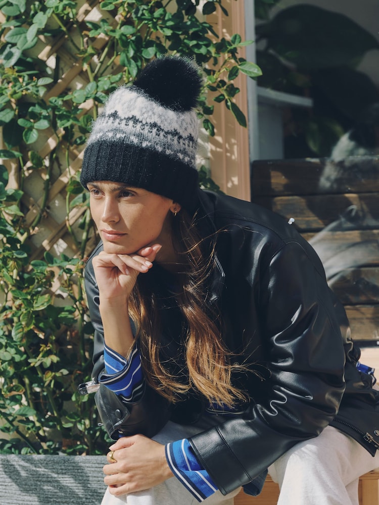 Monochrome Fairisle Pom Beanie Hat - Image 1 of 5 Monochrome Fairisle Pom Beanie Hat - Image 1 of 5