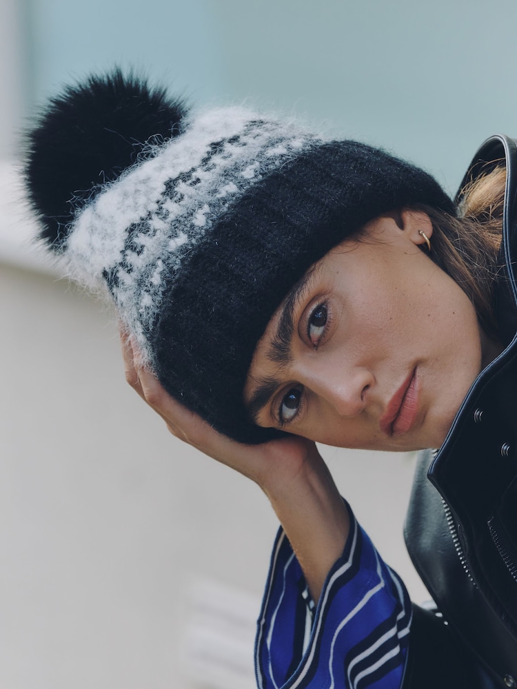 Monochrome Fairisle Pom Beanie Hat - Image 2 of 5 Monochrome Fairisle Pom Beanie Hat - Image 2 of 5