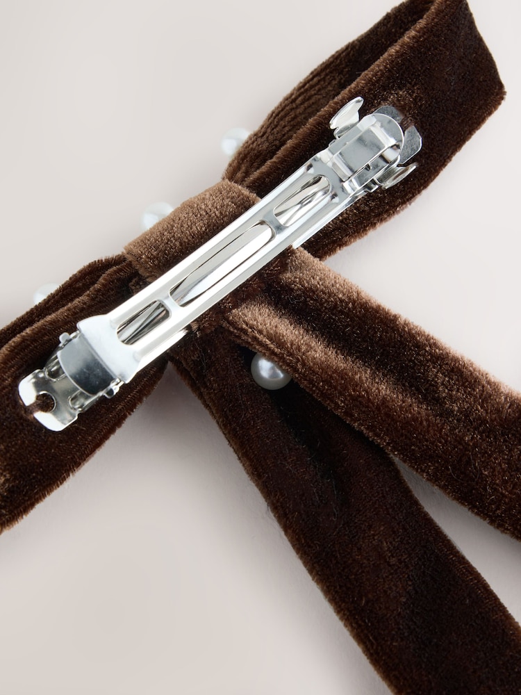 Chocolate Brown Pearl Velvet Bow - Image 5 of 5
