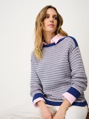 Crew Clothing Blue Textured Stripe Cotton Jumper - Image 1 of 5