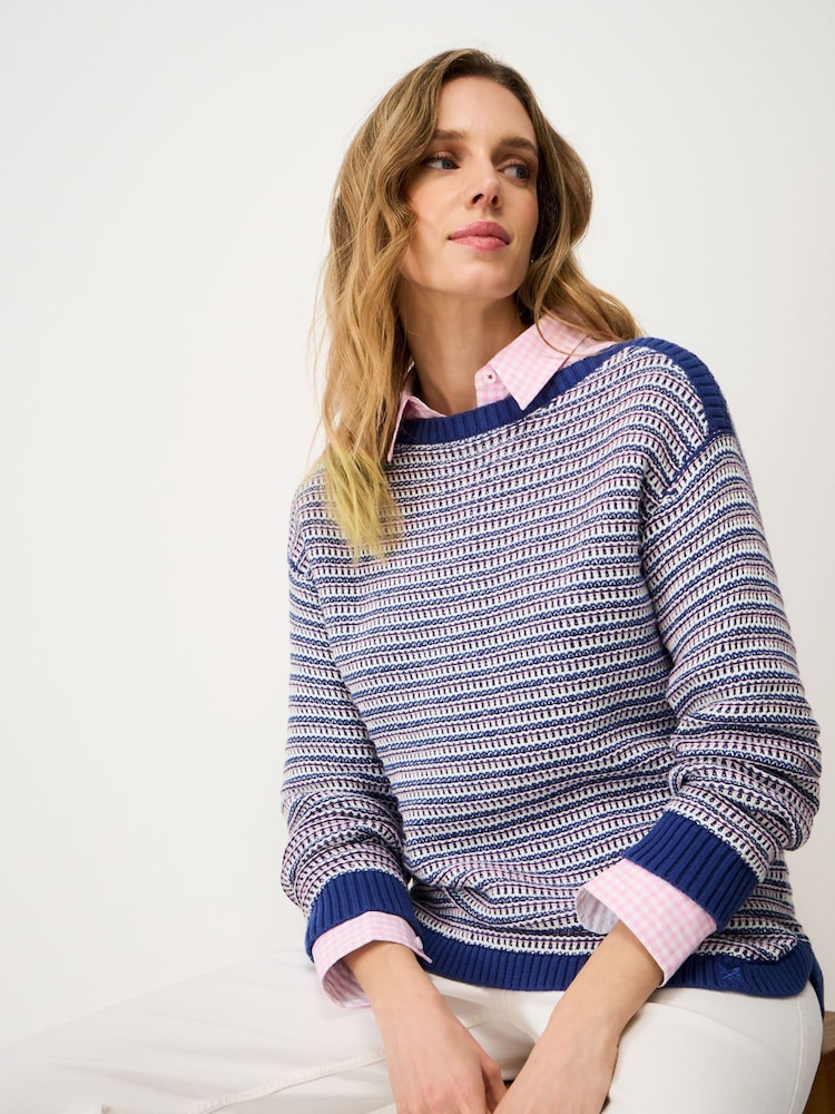 Crew Clothing Blue Textured Stripe Cotton Jumper - Image 1 of 5