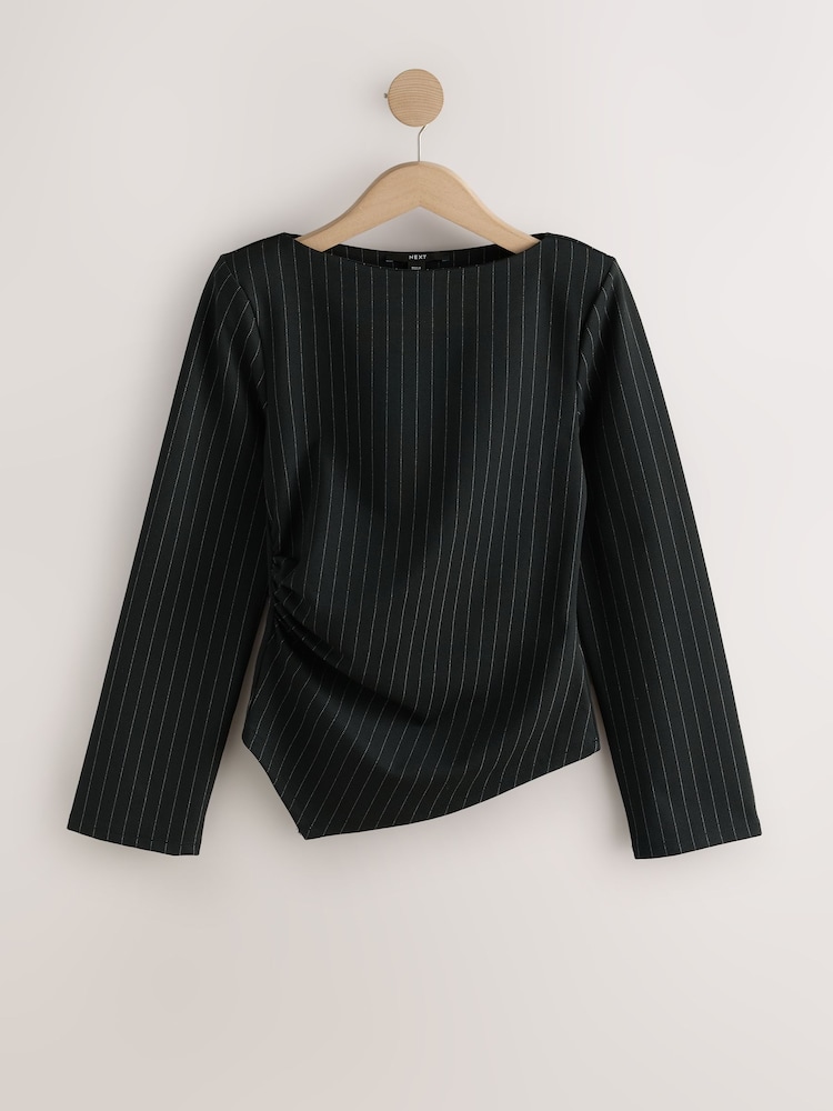 Black Long Sleeved Pinstripe Shoulder Pad Top - Image 1 of 3 Black Long Sleeved Pinstripe Shoulder Pad Top - Image 1 of 3