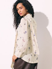 Ecru Ditsy Floral Scarf Long Sleeve V-Neck Blouse - Image 4 of 8