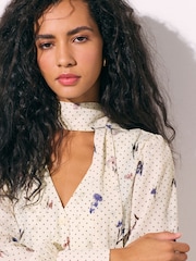 Ecru Ditsy Floral Scarf Long Sleeve V-Neck Blouse - Image 5 of 8