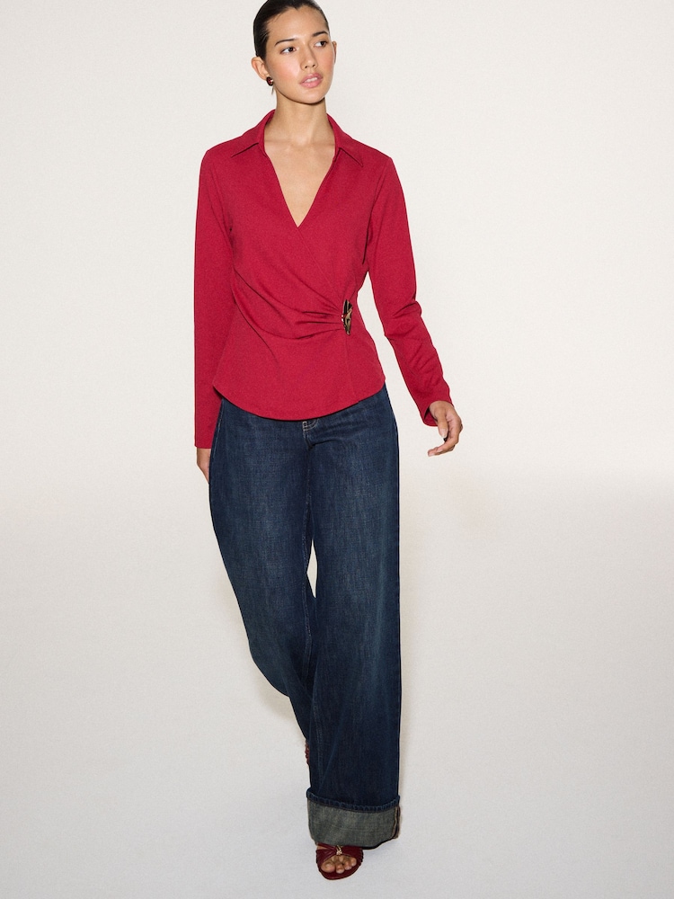 Red Long Sleeve V--Neck Hardwear Blouse - Image 2 of 8