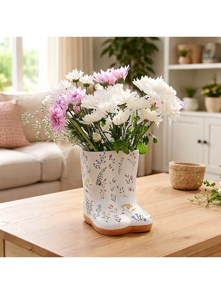 Widdop White Ceramic Vase Small - Floral Wellies - Image 1 of 3