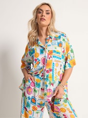 Yours Curve White Short Sleeve Printed Crinkle Shirt - Image 1 of 5