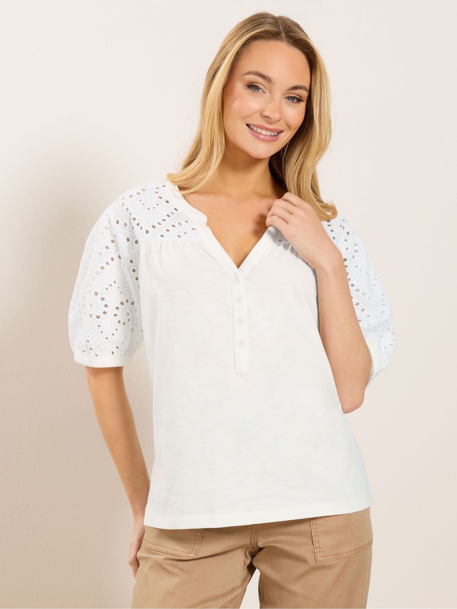 M & Co Women's Cream Broderie Half Placket Top - Image 1