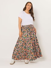 Yours Curve Black Floral Tiered Skirt - Image 1 of 5