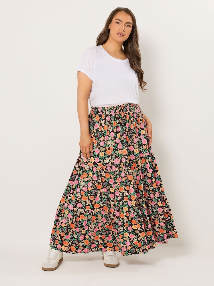 Yours Curve Black Floral Tiered Skirt - Image 1 of 5 Yours Curve Black Floral Tiered Skirt - Image 1 of 5