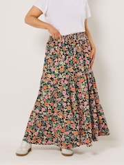 Yours Curve Black Floral Tiered Skirt - Image 2 of 5