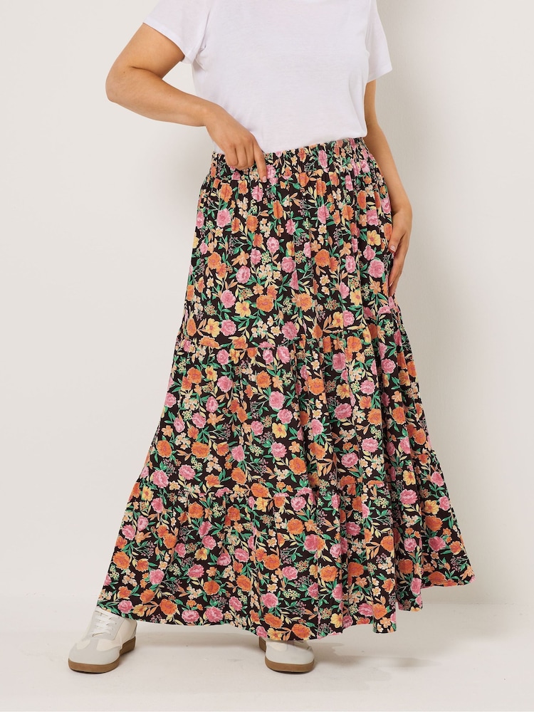 Yours Curve Black Floral Tiered Skirt - Image 2 of 5 Yours Curve Black Floral Tiered Skirt - Image 2 of 5
