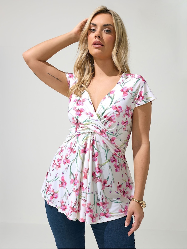 Yours Curve White London Floral Wrap Front Top - Image 1 of 5